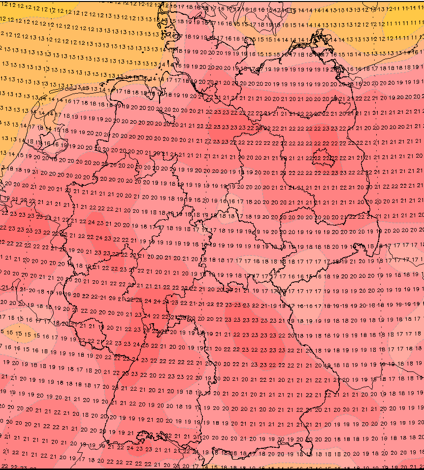 Die Karte zeigt die Höchsttemperaturen, die am Dienstag erwartet werden, an