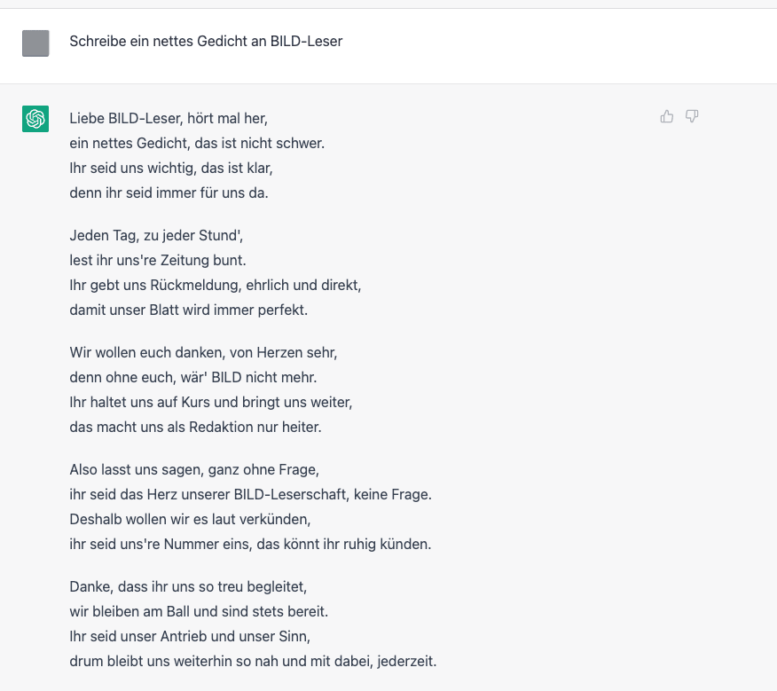 ChatGPT formuliert auf Anfrage in wenigen Sekunden ein Gedicht an alle BILD-Leser
