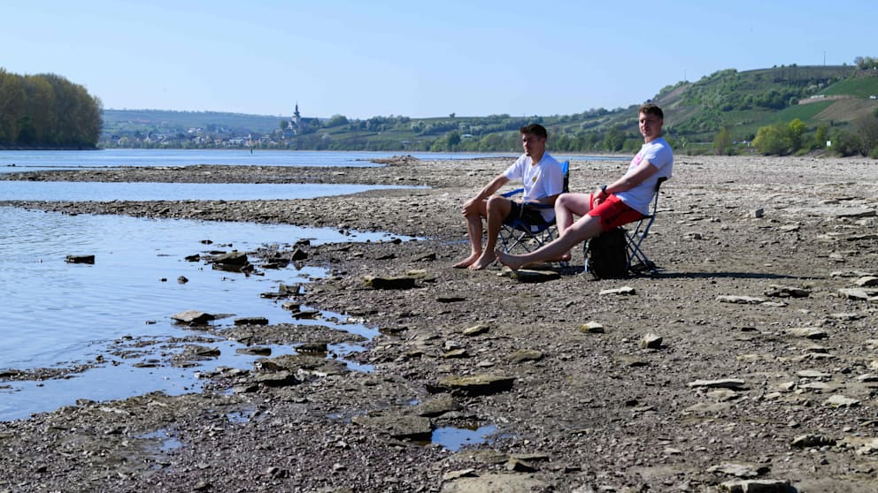 Sonnenliegen statt Schiffe: Alex und Julius (beide 24 aus Mainz) sitzen mit Liegestühlen im Rhein