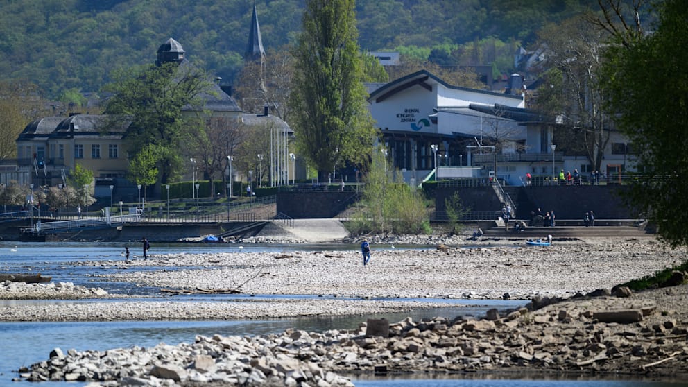 Dem Rhein fehlen aktuell 2 Meter Wasser – statt Schiffen, die in Bingen (Rheinland-Pfalz) anlegen wandern Menschen im Flussbett