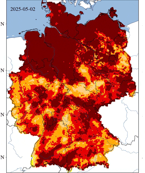 Gelb – ungewöhnlich trocken; Ockergelb – moderate Dürre; Orange – schwere Dürre; Rot – extreme Dürre; Dunkelrot – außergewöhnliche Dürre