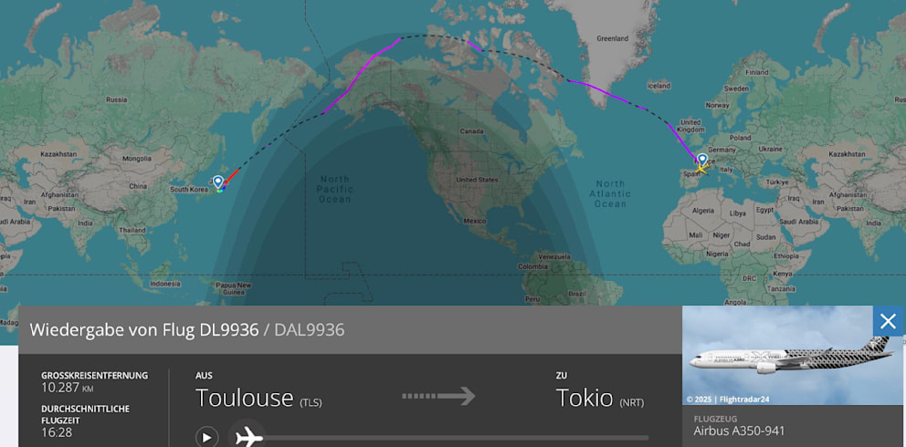 Am 3. Mai flog der Airbus mit der Flugnummer DL9936 von Toulouse (Frankreich) nach Tokio-Narita (Japan)