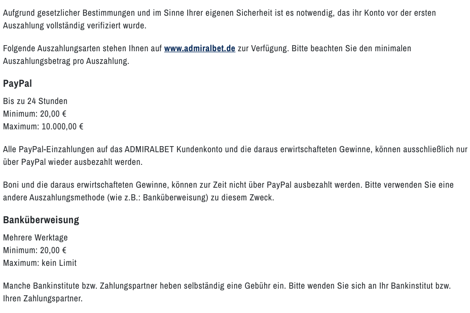 ADMIRALBET Zahlungsmethoden