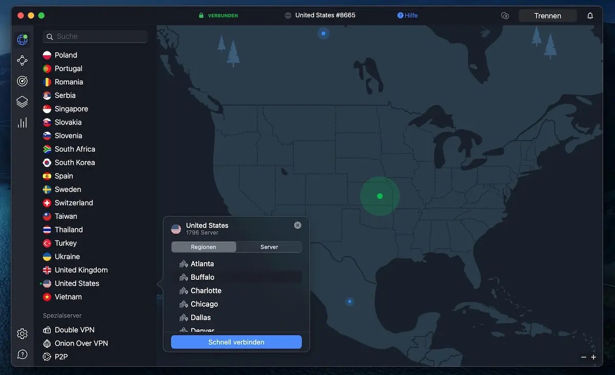 Verbindung mit schnellem Server in den USA