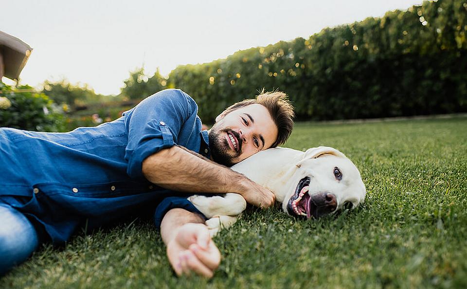 Mann liegt mit einem Hund auf einer Wiese. Mann liegt mit einem Hund auf einer Wiese.