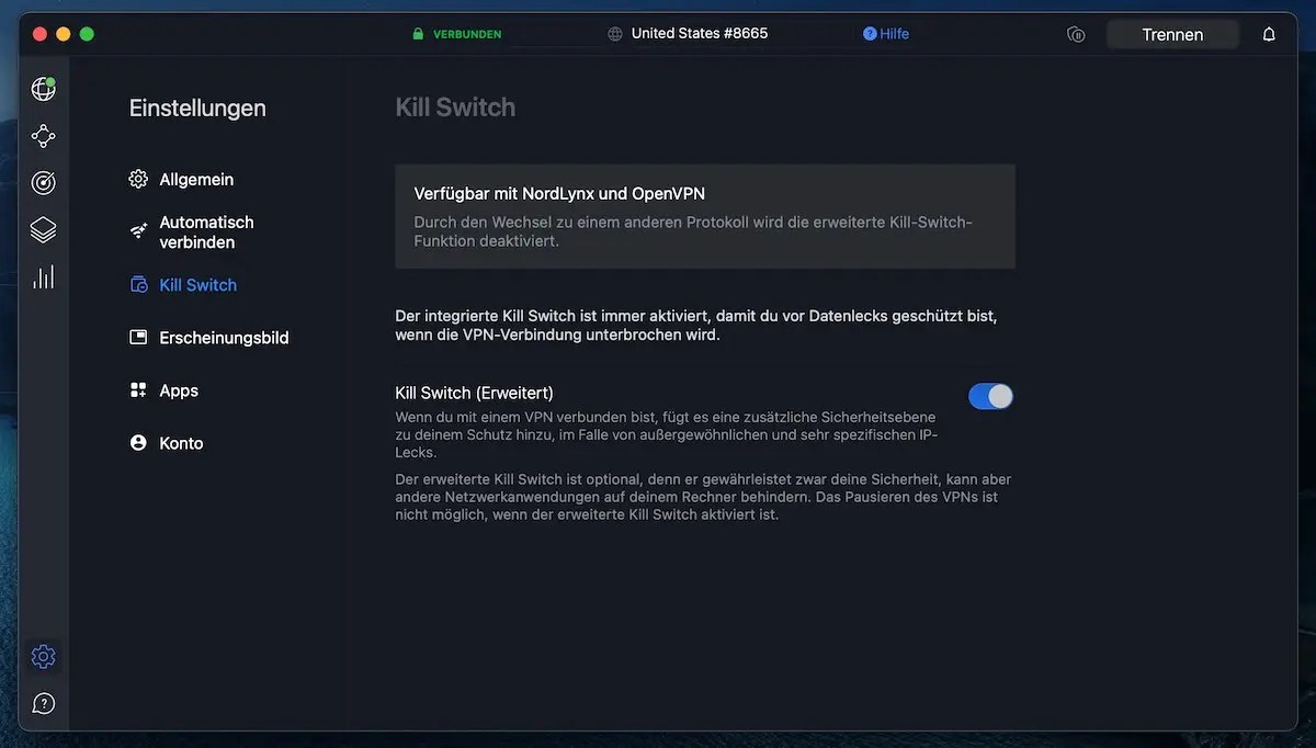 Screenshot der NordVPN Kill Switch Funktion in der App