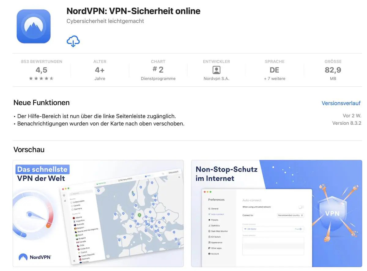 Screenshot der NordVPN Apps im Apple Appstore