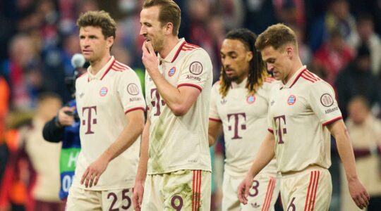 Thomas MUELLER, MULLER, FCB 25 Harry Kane, FCB 9 Sacha Boey, FCB 23 Joshua KIMMICH, FCB 6 sad after the quarterfinal match FC BAYERN MUENCHEN - INTER MAILAND 1-2 of football UEFA Champions League in season 2024/2025 in Munich, Apr 8, 2025 , FCB, , Munchen