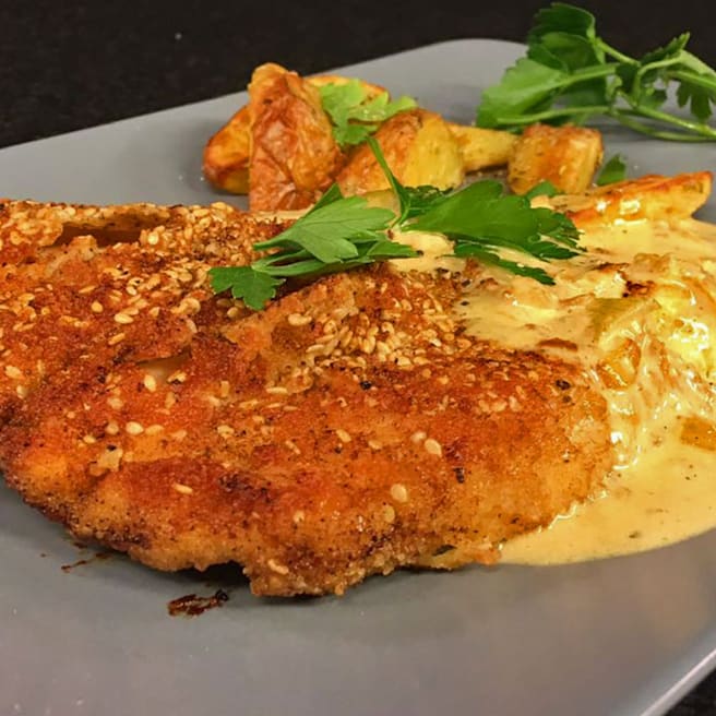 Pimp my Schnitzel : Sesamschnitzel mit  pikanter Senfsauce