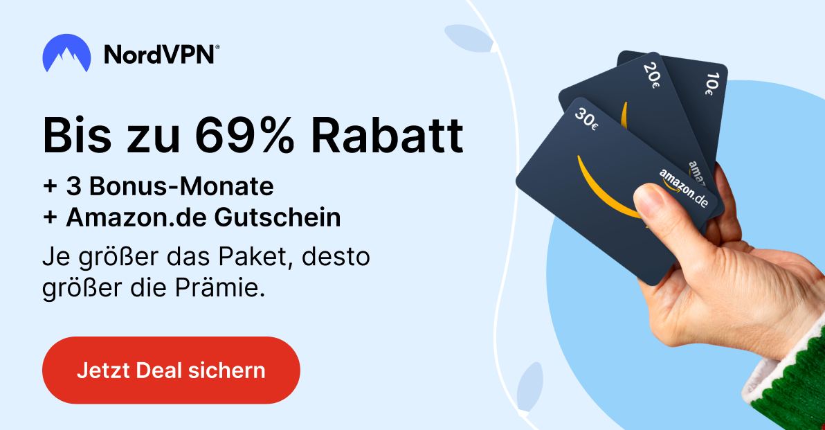 Werbeplakat für den aktuellen NordVPN Rabatt. Eine Hand mit drei verschiedenen Amazon Gutscheinen.
