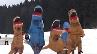 Verrückter Wettlauf: In T-Rex-Kostümen zum Sprint